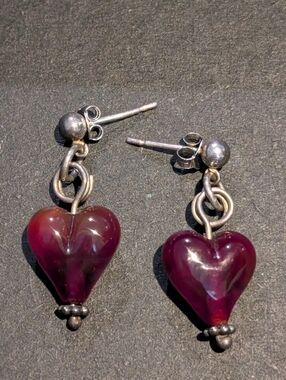 Vintage Ruby Red Blown Glass and Silver Heart Shape Dangle Earrings